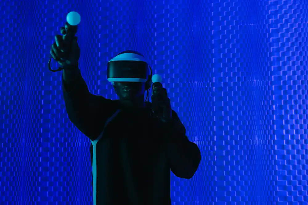 Player immersed in a neon VR environment